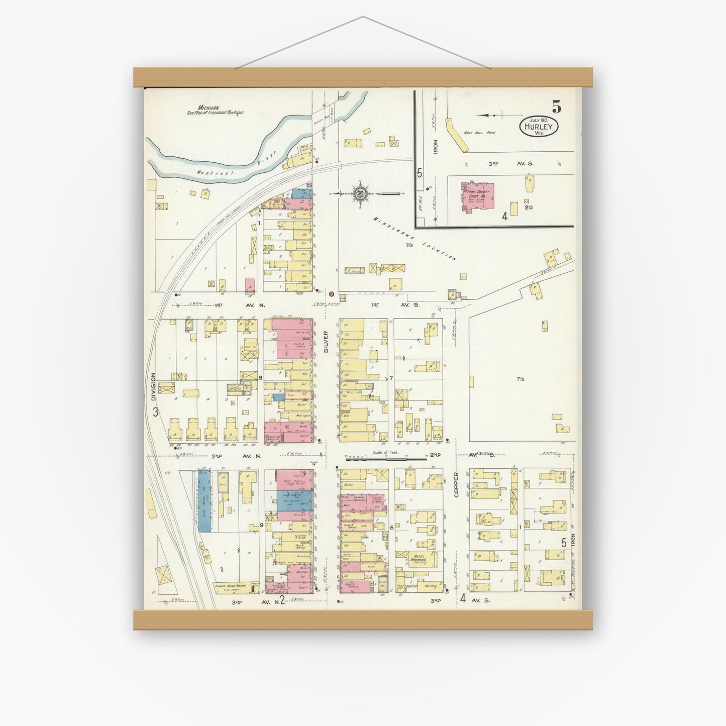 Old map wall art mockup — magnetic wood frame on white wall — Sanborn Fire Insurance Map from Hurley, Iron County, Wisconsin (1913), Sheet #0005