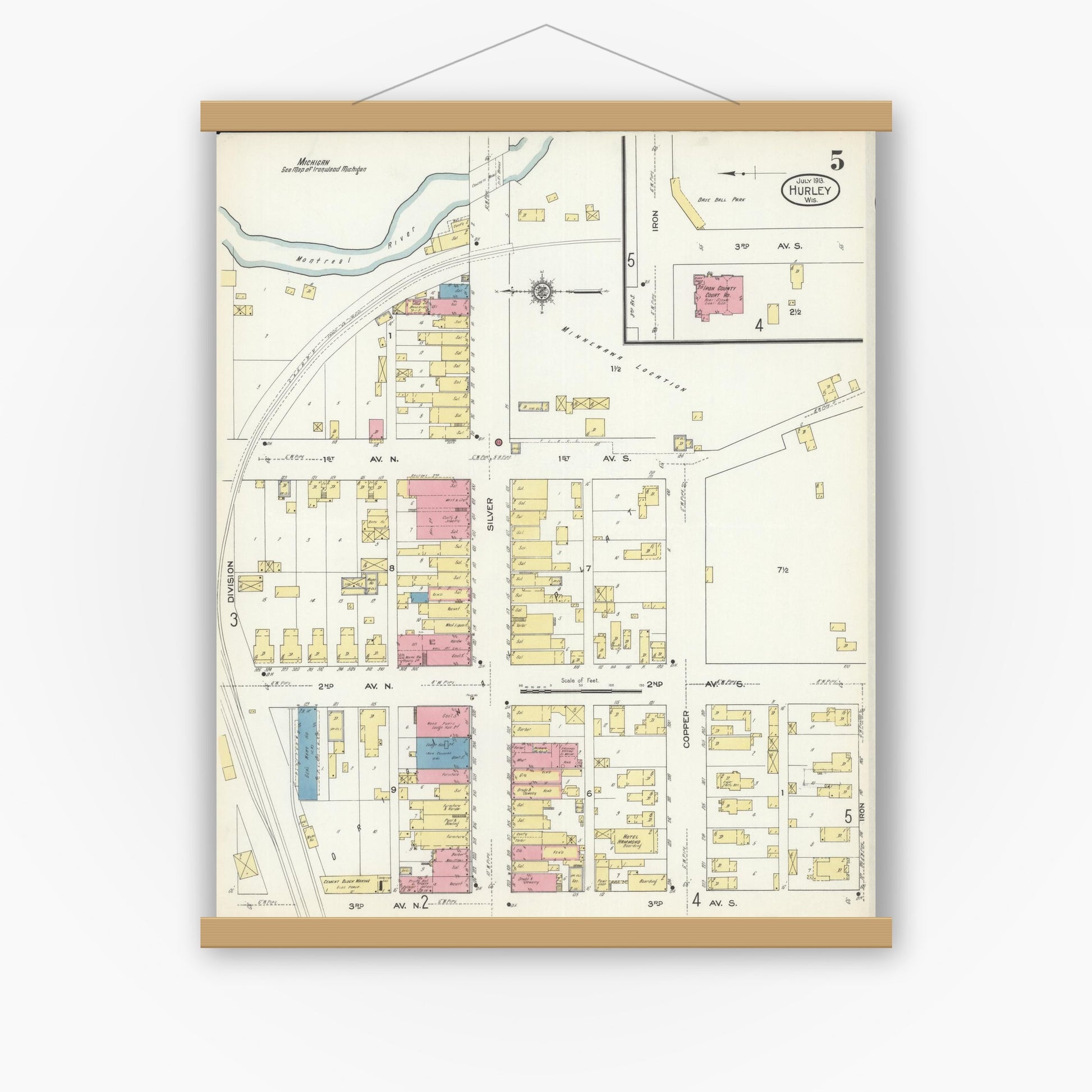 Old map wall art mockup — magnetic wood frame on white wall — Sanborn Fire Insurance Map from Hurley, Iron County, Wisconsin (1913), Sheet #0005