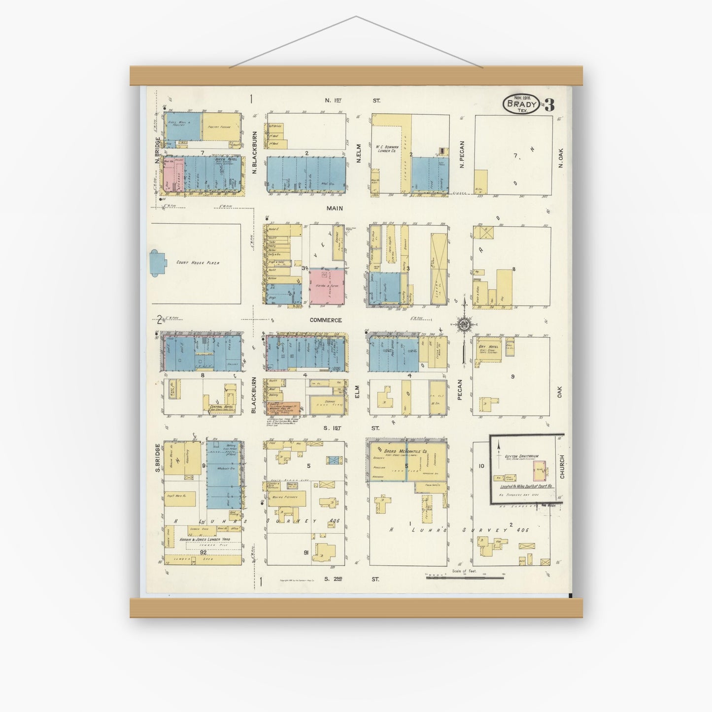 Old map wall art mockup — magnetic wood frame on white wall — Sanborn Fire Insurance Map from Brady, McCulloch County, Texas (1916), Sheet #0003