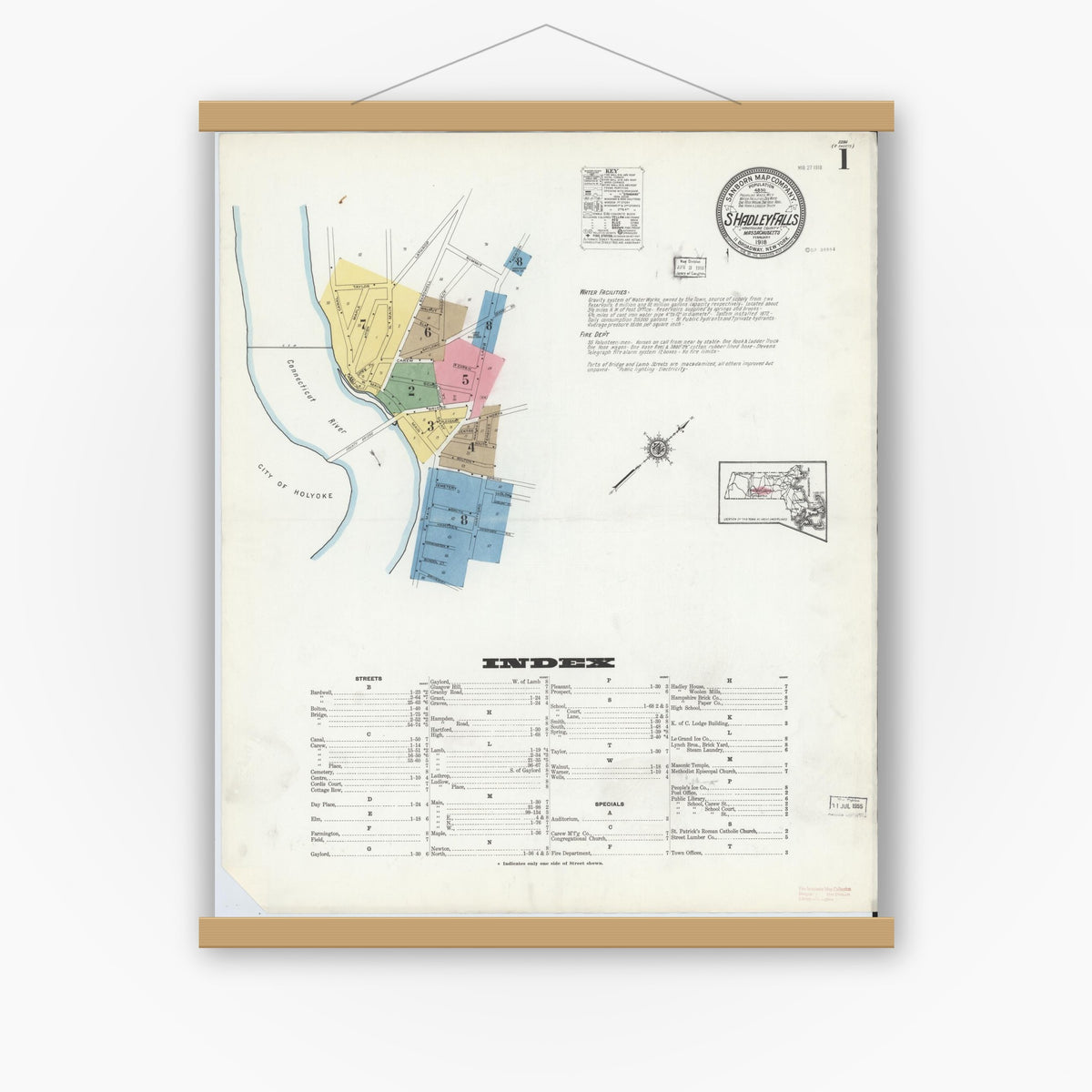 Old map wall art mockup — magnetic wood frame on white wall — Sanborn Fire Insurance Map from South Hadley Falls, Hampshire County, Massachusetts (1918) - Complete Map Set
