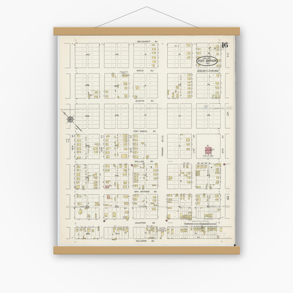 Old map wall art mockup — magnetic wood frame on white wall — Sanborn Fire Insurance Map from Port Arthur, Jefferson County, Texas (1915), Sheet #0016