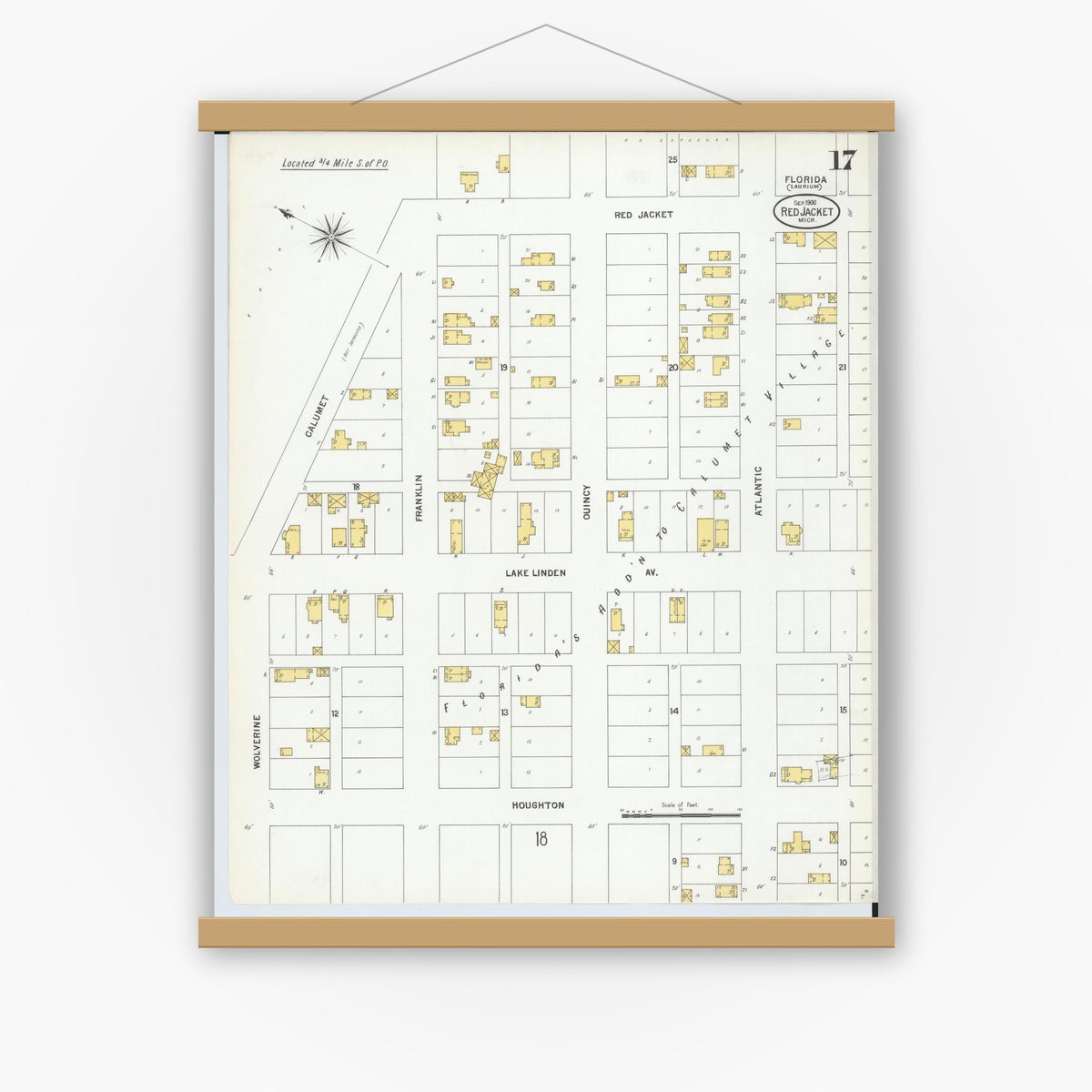 Old map wall art mockup — magnetic wood frame on white wall — Sanborn Fire Insurance Map from Red Jacket, Houghton County, Michigan (1900), Sheet #0017