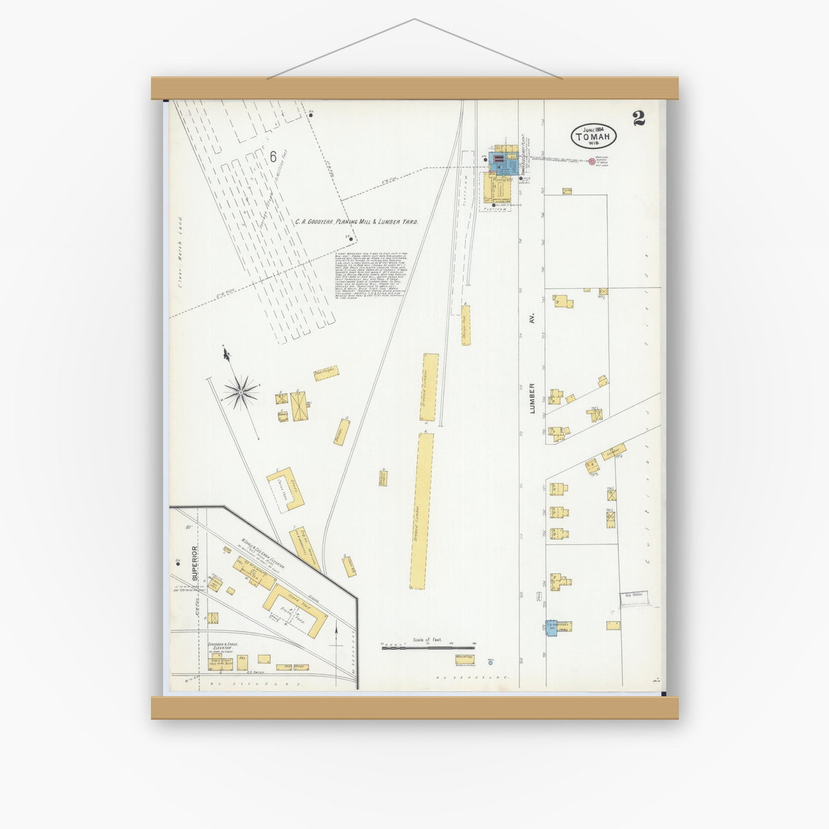 Old map wall art mockup — magnetic wood frame on white wall — Sanborn Fire Insurance Map from Tomah, Monroe County, Wisconsin (1904), Sheet #0002