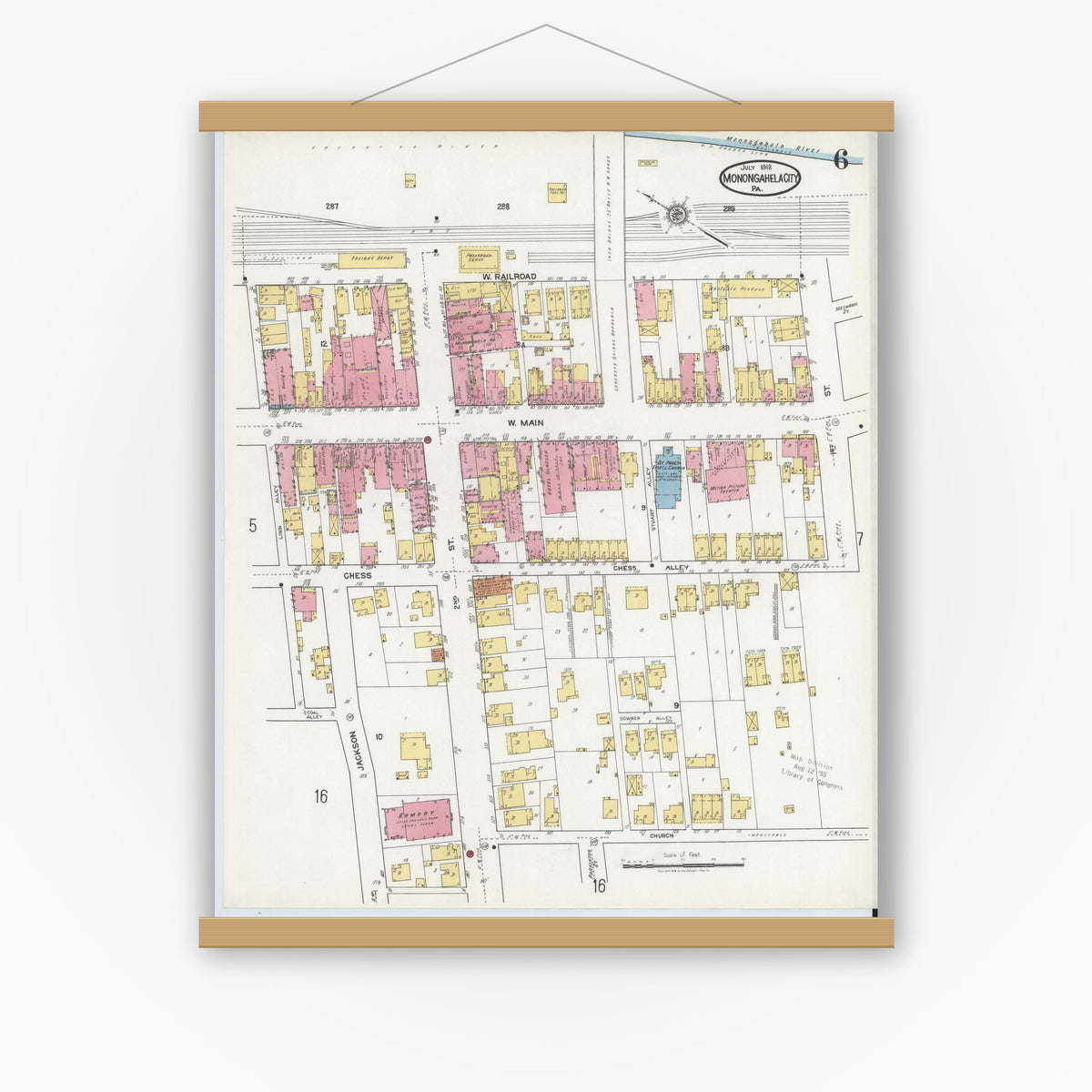 Old map wall art mockup — magnetic wood frame on white wall — Sanborn Fire Insurance Map from Monongahela City, Washington County, Pennsylvania (1918), Sheet #0006