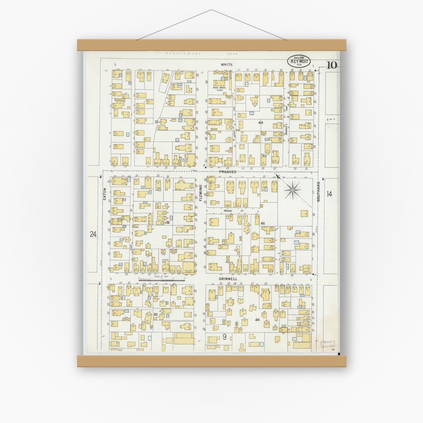 Old map wall art mockup — magnetic wood frame on white wall — Sanborn Fire Insurance Map from Key West, Monroe County, Florida (1899), Sheet #0010