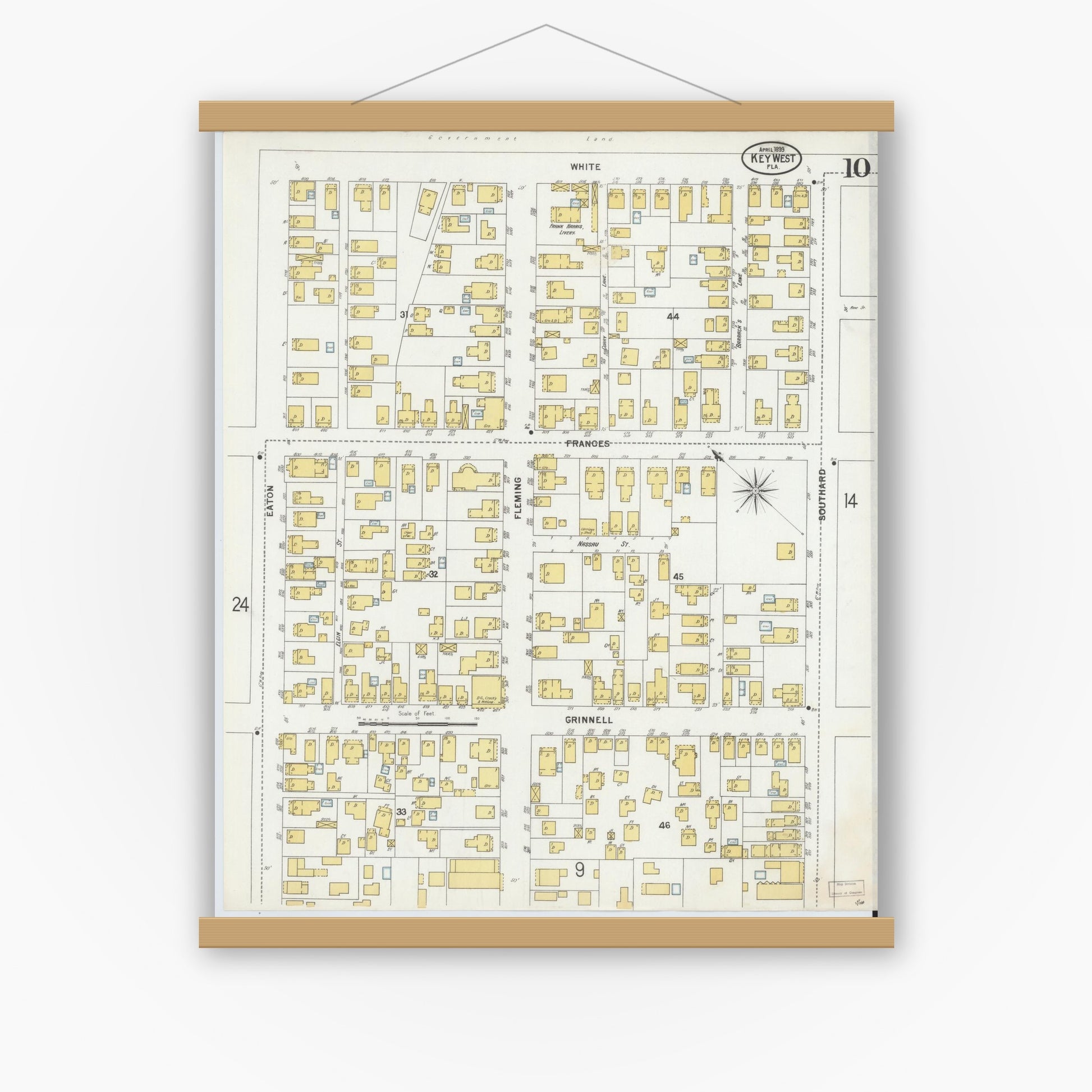 Old map wall art mockup — magnetic wood frame on white wall — Sanborn Fire Insurance Map from Key West, Monroe County, Florida (1899), Sheet #0010