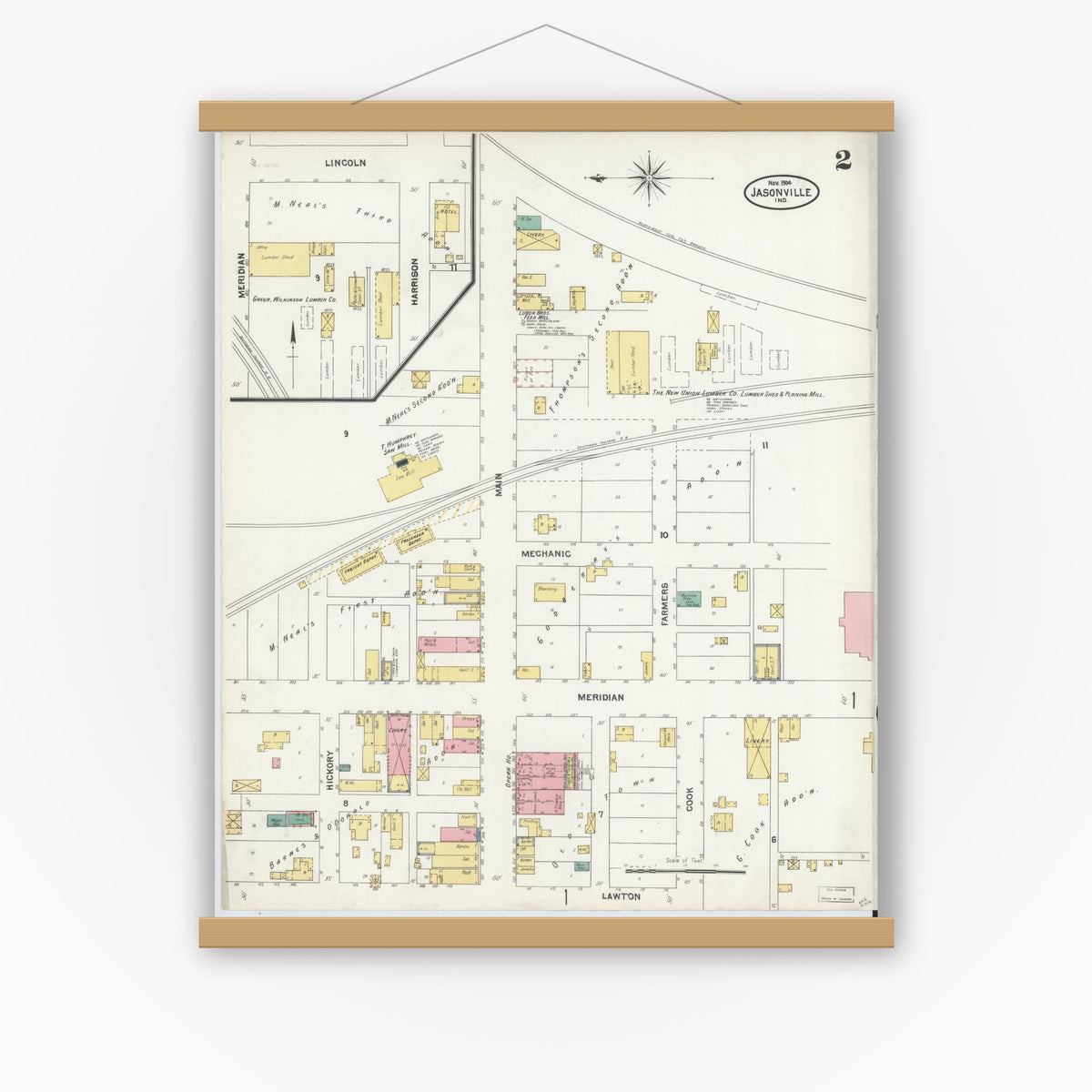 Old map wall art mockup — magnetic wood frame on white wall — Sanborn Fire Insurance Map from Jasonville, Greene County, Indiana (1904), Sheet #0002