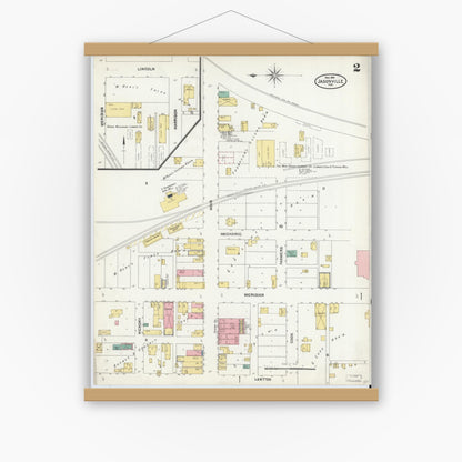 Old map wall art mockup — magnetic wood frame on white wall — Sanborn Fire Insurance Map from Jasonville, Greene County, Indiana (1904), Sheet #0002