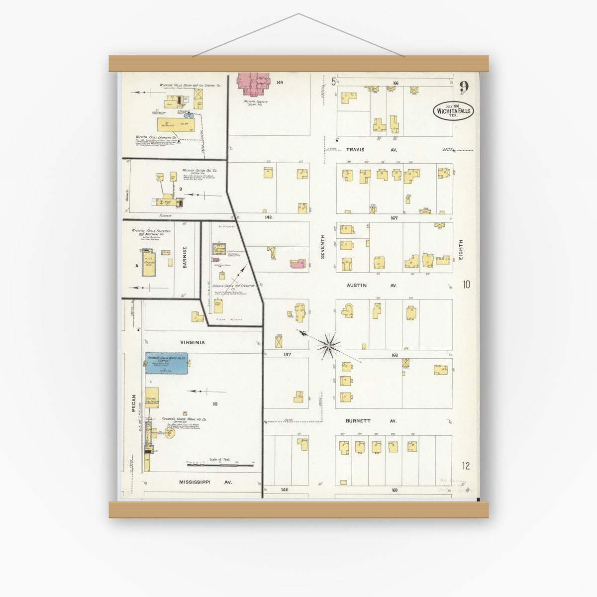 Old map wall art mockup — magnetic wood frame on white wall — Sanborn Fire Insurance Map from Wichita Falls, Wichita County, Texas (1908), Sheet #0009
