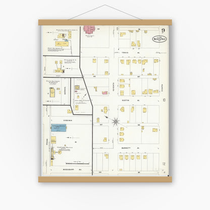 Old map wall art mockup — magnetic wood frame on white wall — Sanborn Fire Insurance Map from Wichita Falls, Wichita County, Texas (1908), Sheet #0009