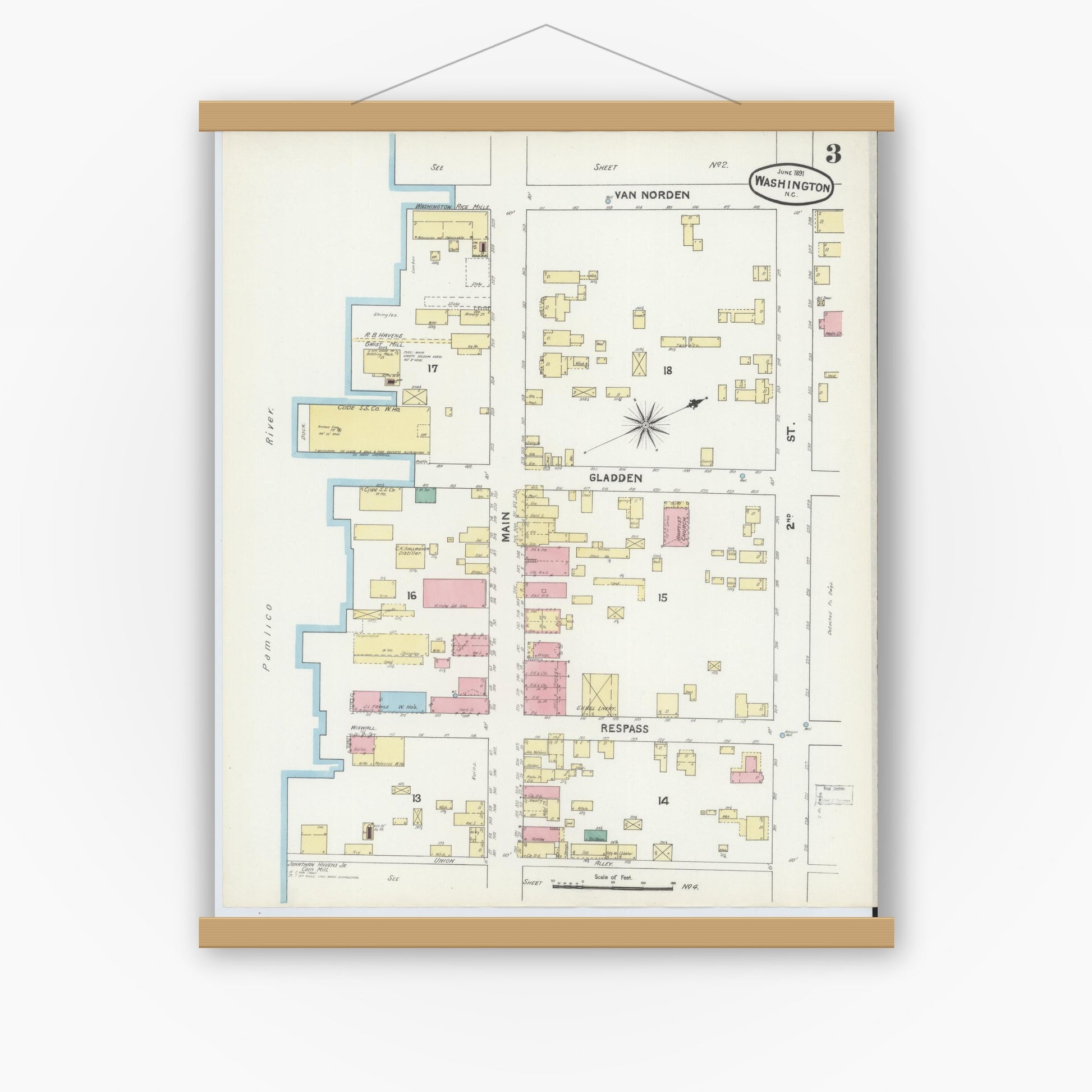 Old map wall art mockup — magnetic wood frame on white wall — Sanborn Fire Insurance Map from Washington, Beaufort County, North Carolina (1891), Sheet #0003