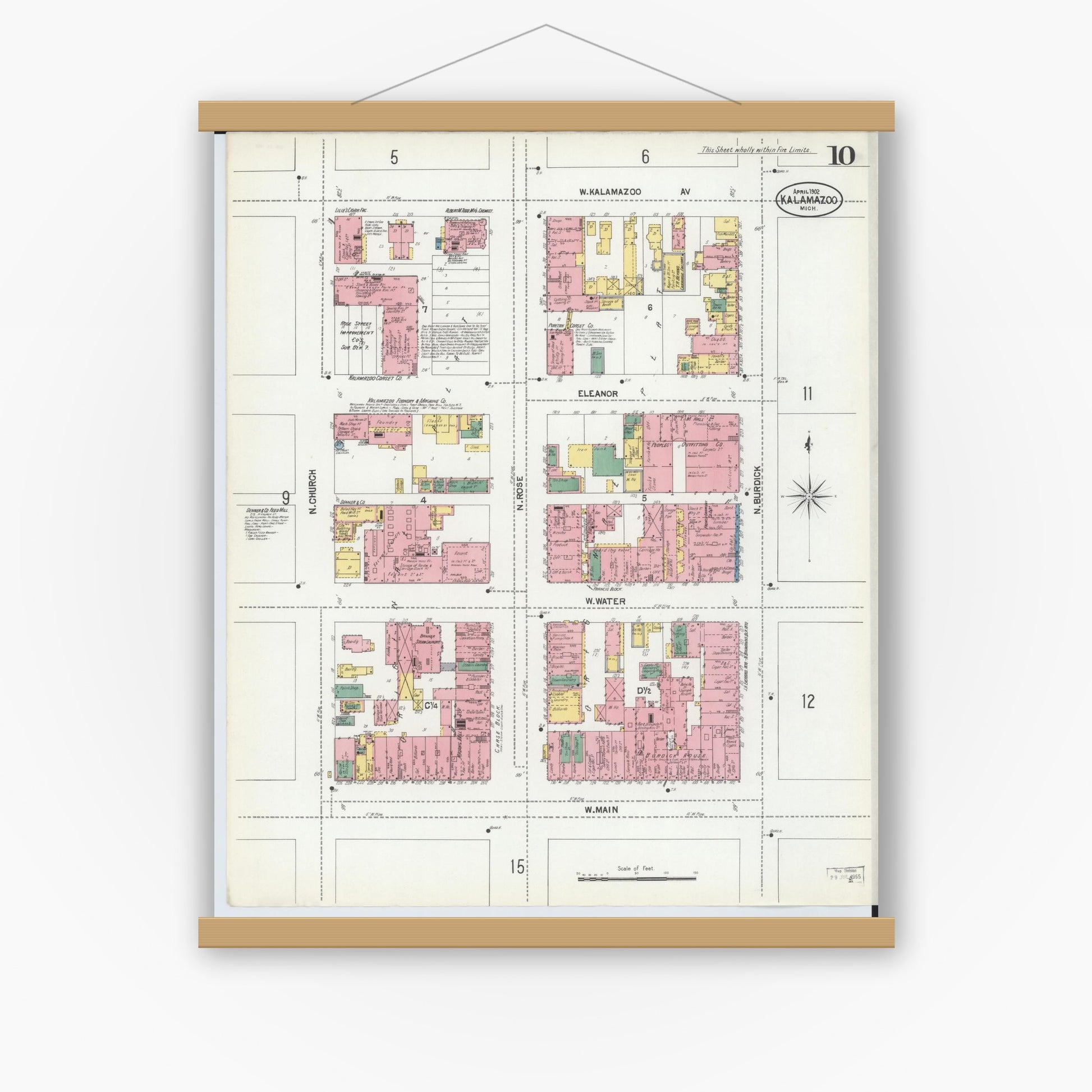 Old map wall art mockup — magnetic wood frame on white wall — Sanborn Fire Insurance Map from Kalamazoo, Kalamazoo County, Michigan (1902), Sheet #0010