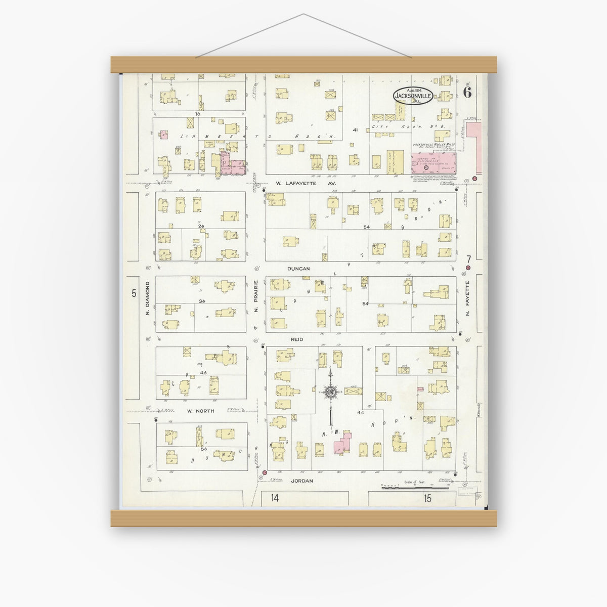 Old map wall art mockup — magnetic wood frame on white wall — Sanborn Fire Insurance Map from Jacksonville, Morgan County, Illinois (1914), Sheet #0006