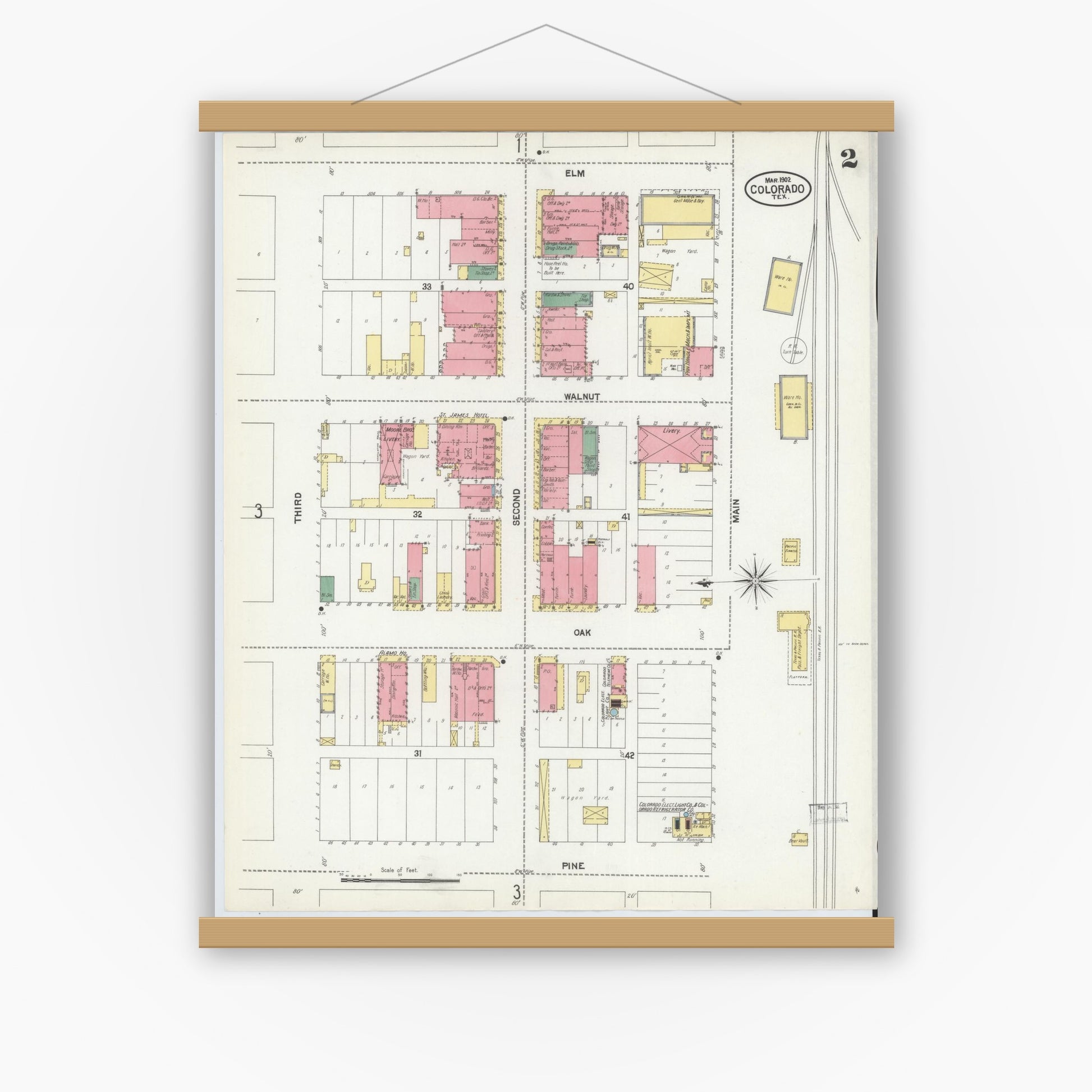 Old map wall art mockup — magnetic wood frame on white wall — Sanborn Fire Insurance Map from Colorado, Mitchell County, Texas (1902), Sheet #0002