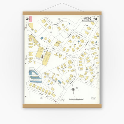 Old map wall art mockup — magnetic wood frame on white wall — Sanborn Fire Insurance Map from Melrose, Middlesex County, Massachusetts (1923), Sheet #0024