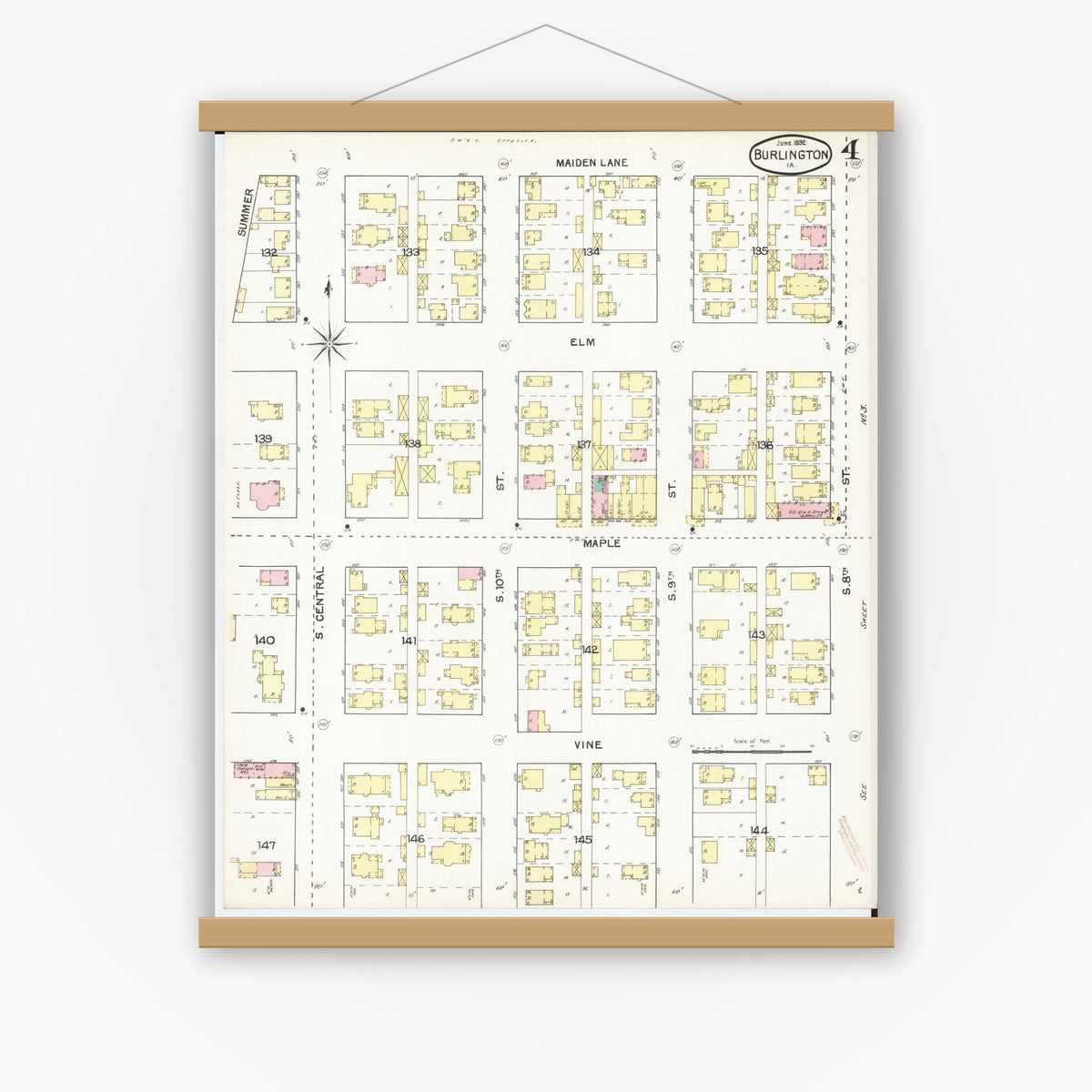 Old map wall art mockup — magnetic wood frame on white wall — Sanborn Fire Insurance Map from Burlington, Des Moines County, Iowa (1892), Sheet #0004