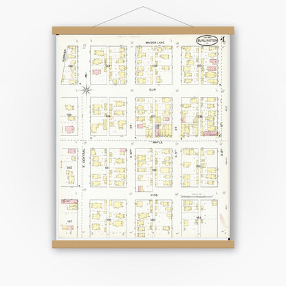 Old map wall art mockup — magnetic wood frame on white wall — Sanborn Fire Insurance Map from Burlington, Des Moines County, Iowa (1892), Sheet #0004