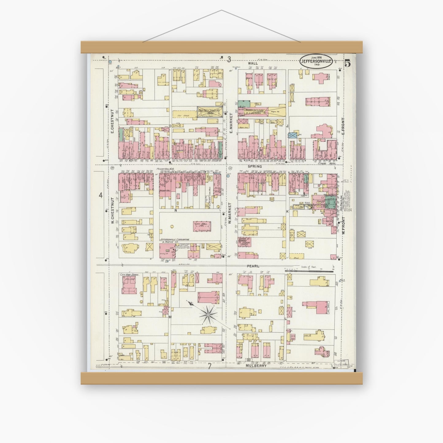 Old map wall art mockup — magnetic wood frame on white wall — Sanborn Fire Insurance Map from Jeffersonville, Clark County, Indiana (1898), Sheet #0005