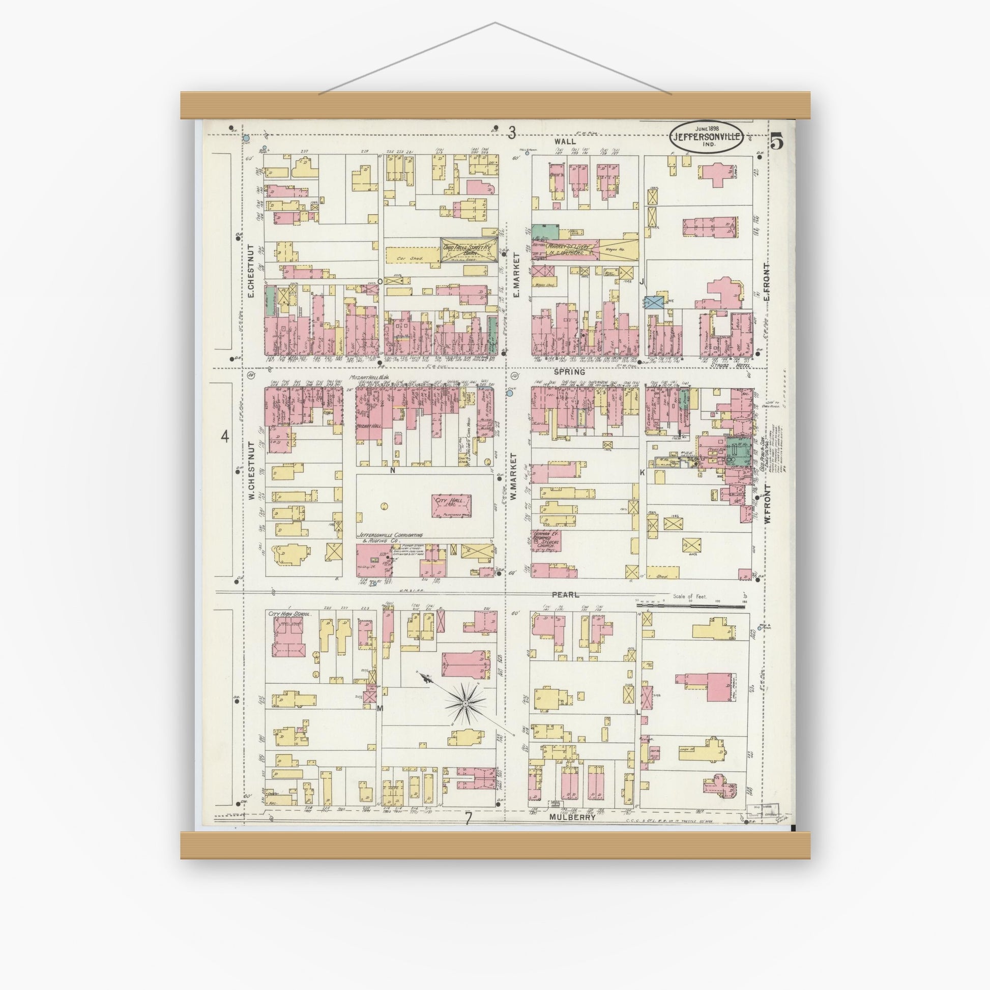 Old map wall art mockup — magnetic wood frame on white wall — Sanborn Fire Insurance Map from Jeffersonville, Clark County, Indiana (1898), Sheet #0005
