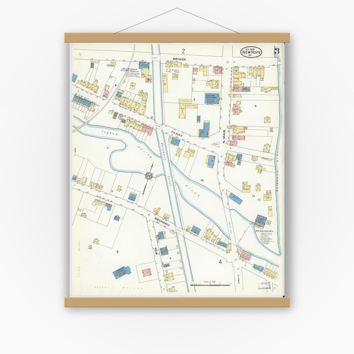 Old map wall art mockup — magnetic wood frame on white wall — Sanborn Fire Insurance Map from New Hope, Bucks County, Pennsylvania (1909), Sheet #0003