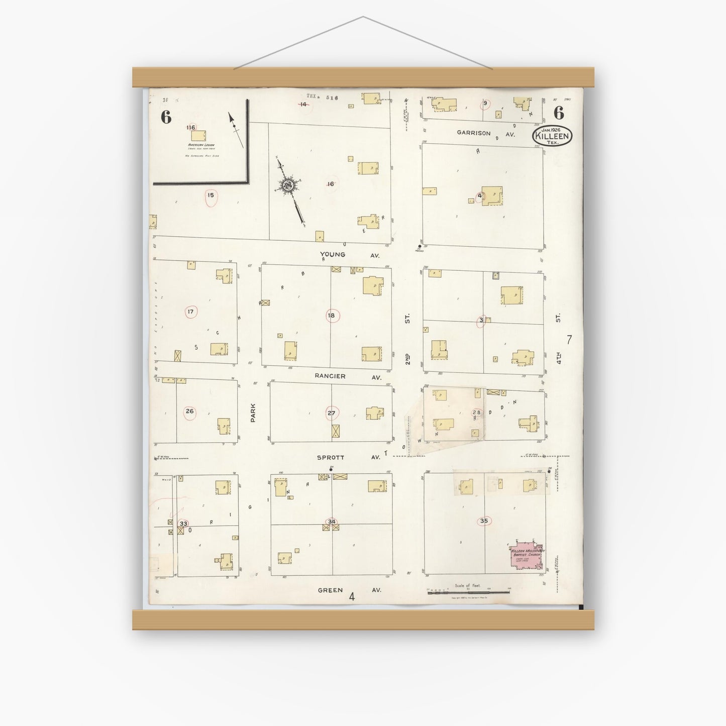 Old map wall art mockup — magnetic wood frame on white wall — Sanborn Fire Insurance Map from Killeen, Bell County, Texas (1937), Sheet #0006