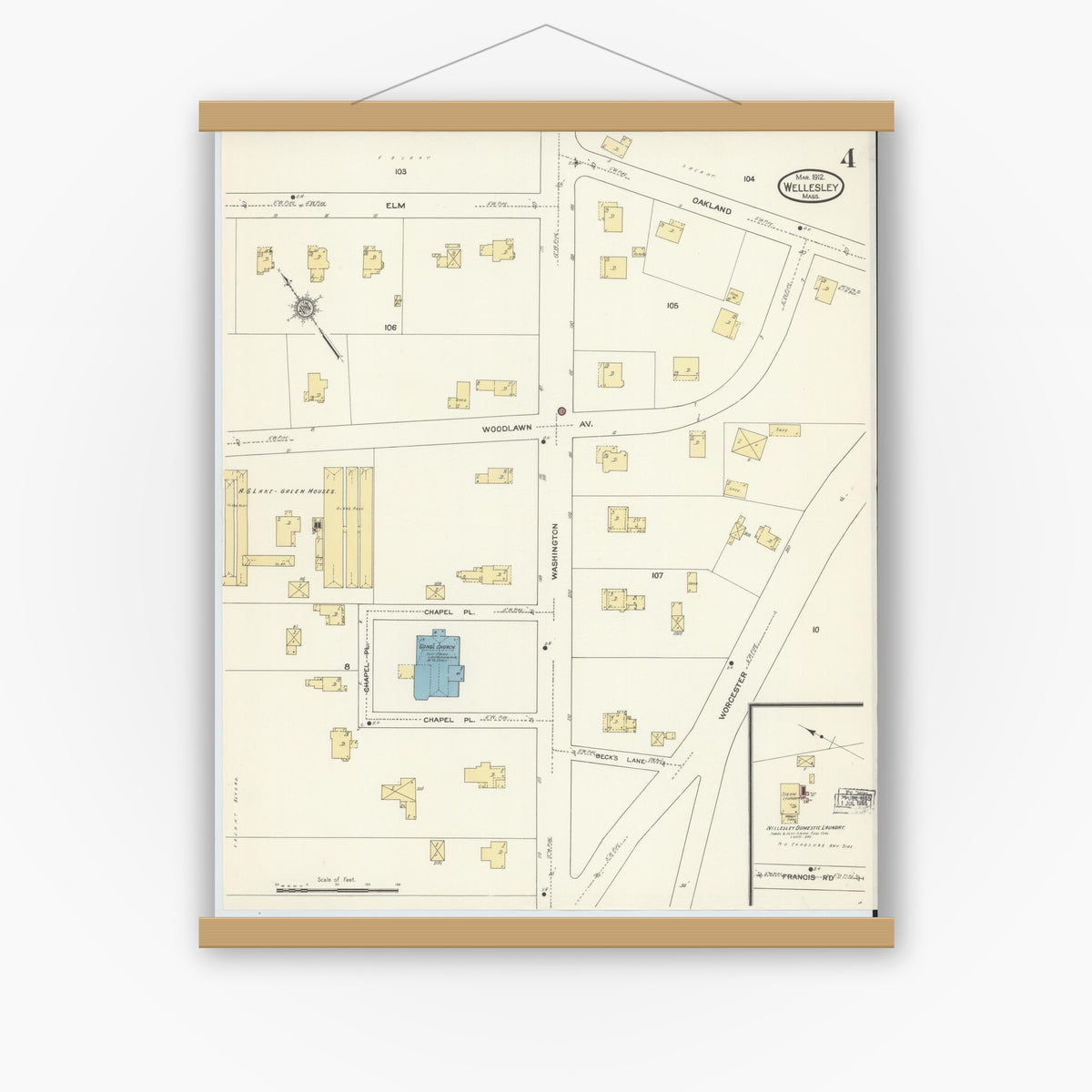 Old map wall art mockup — magnetic wood frame on white wall — Sanborn Fire Insurance Map from Wellesley, Norfolk County, Massachusetts (1912), Sheet #0004