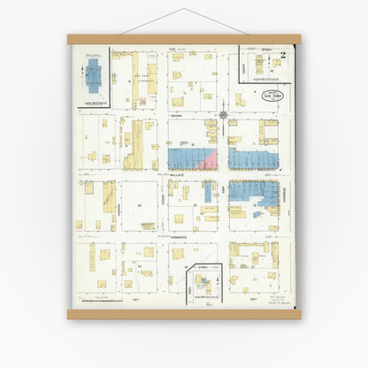 Old map wall art mockup — magnetic wood frame on white wall — Sanborn Fire Insurance Map from San Saba, San Saba County, Texas (1912), Sheet #0002