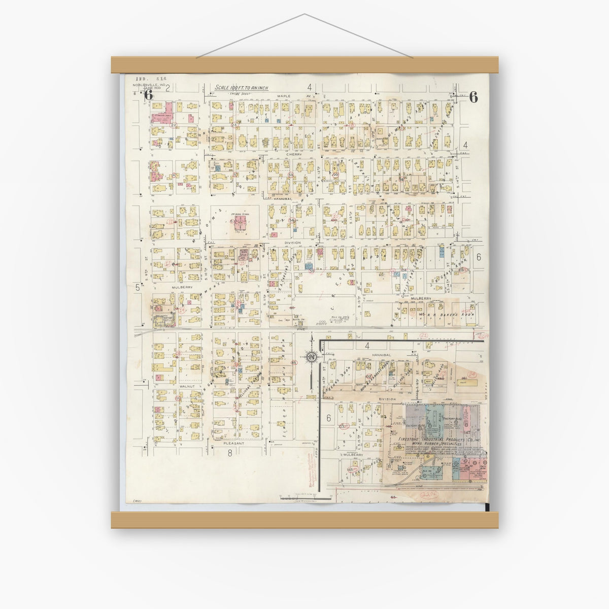 Old map wall art mockup — magnetic wood frame on white wall — Sanborn Fire Insurance Map from Noblesville, Hamilton County, Indiana (1947), Sheet #0006