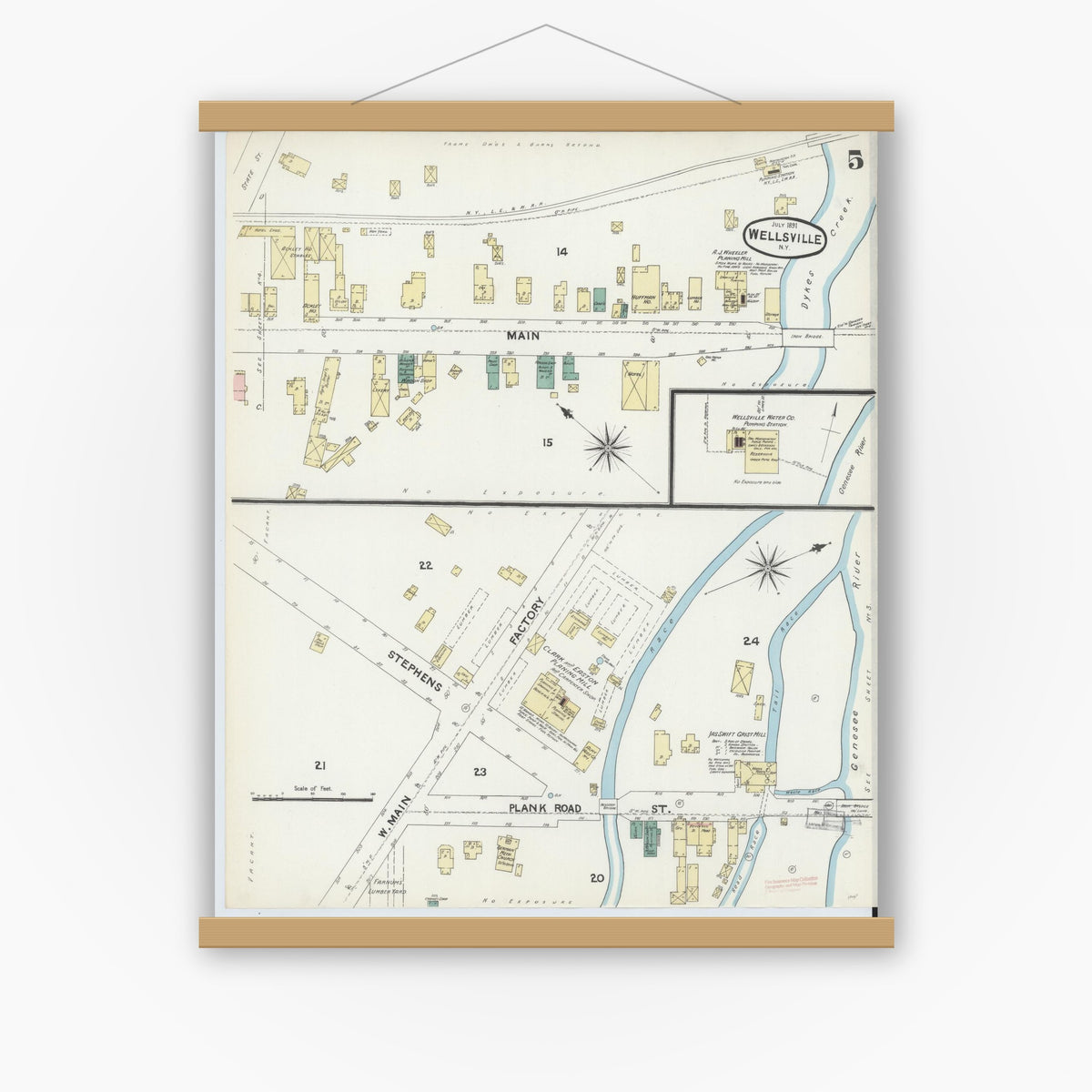 Old map wall art mockup — magnetic wood frame on white wall — Sanborn Fire Insurance Map from Wellsville, Allegany County, New York (1891), Sheet #0005