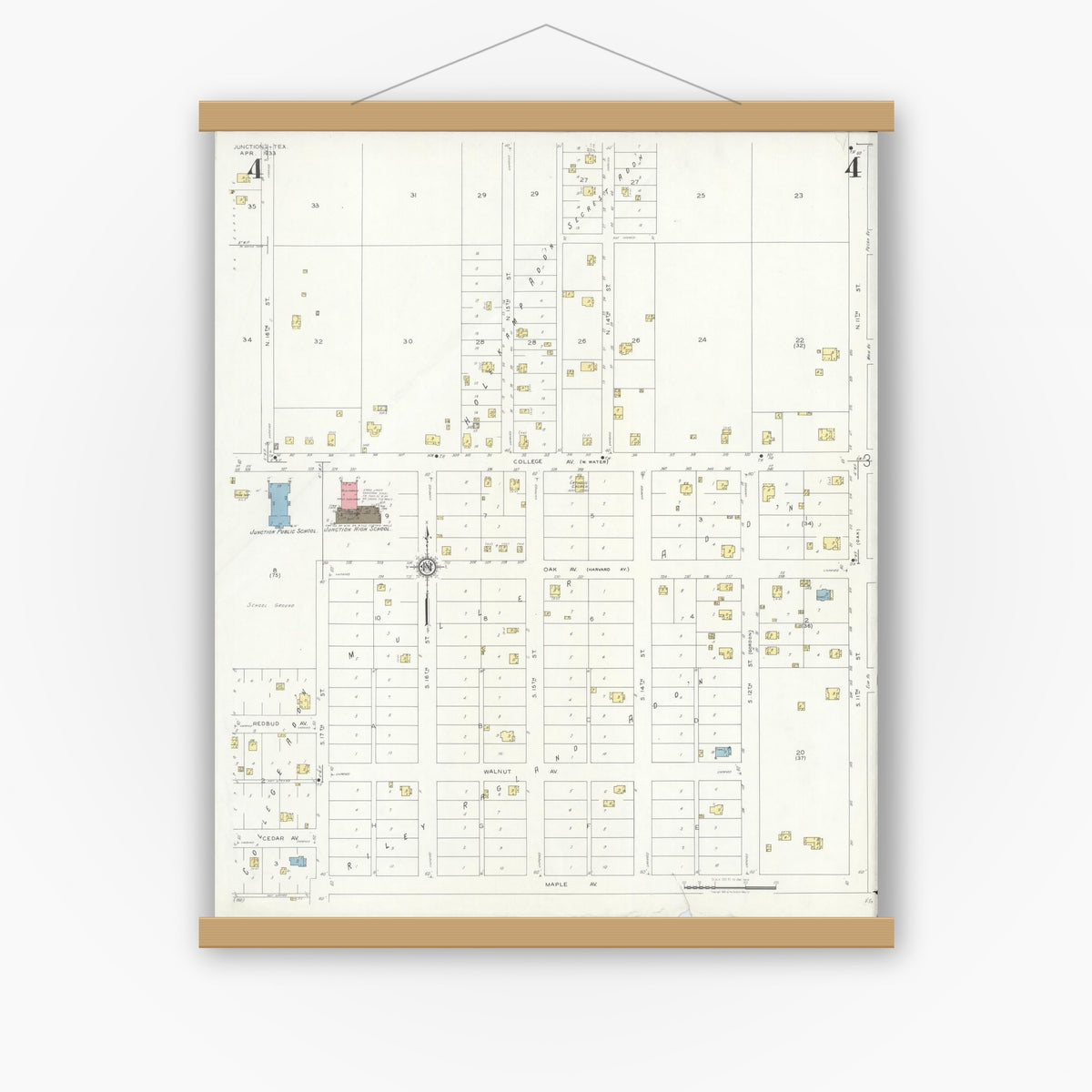 Old map wall art mockup — magnetic wood frame on white wall — Sanborn Fire Insurance Map from Junction, Kimble County, Texas (1933), Sheet #0004