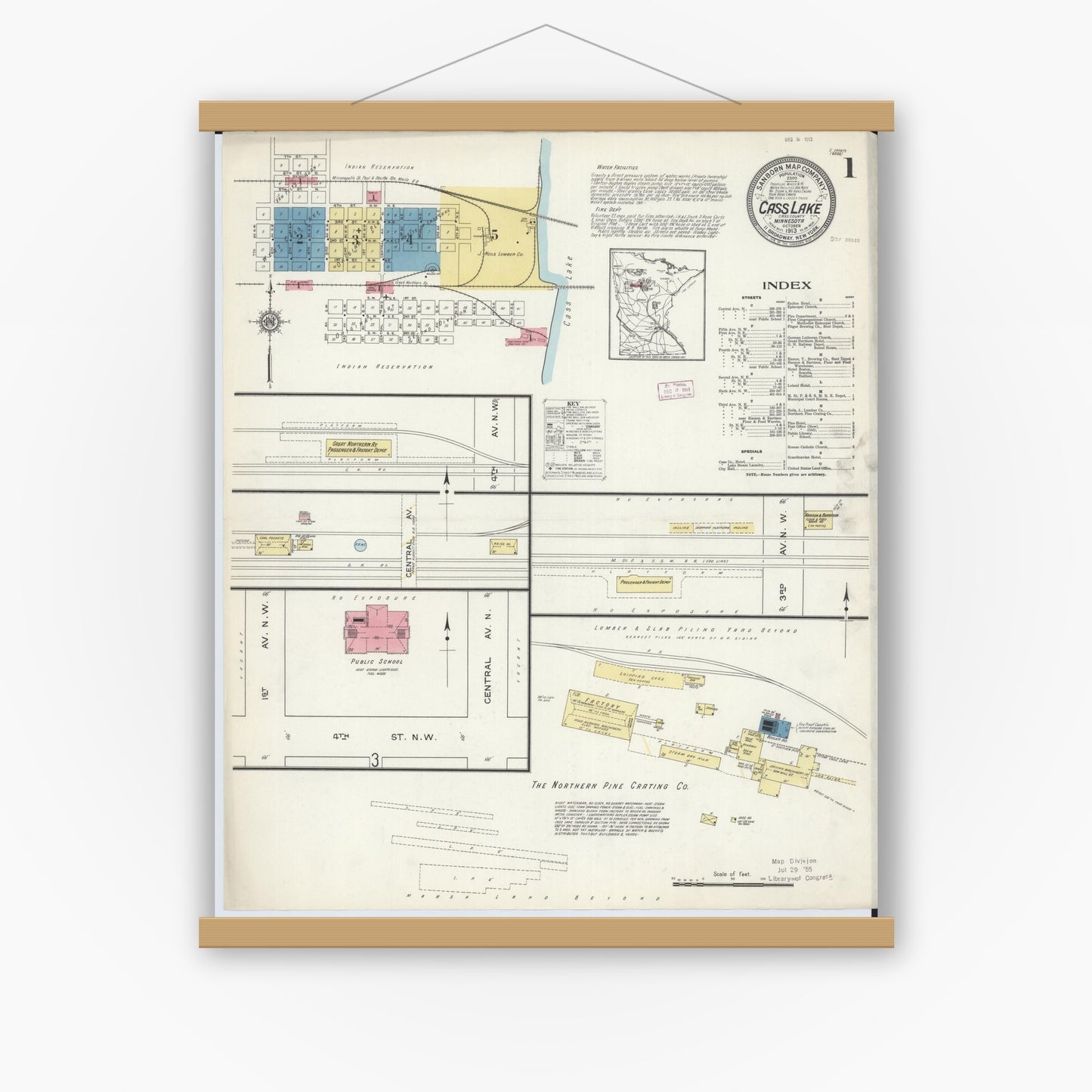 Old map wall art mockup — magnetic wood frame on white wall — Sanborn Fire Insurance Map from Cass Lake, Cass County, Minnesota (1913) - Complete Map Set