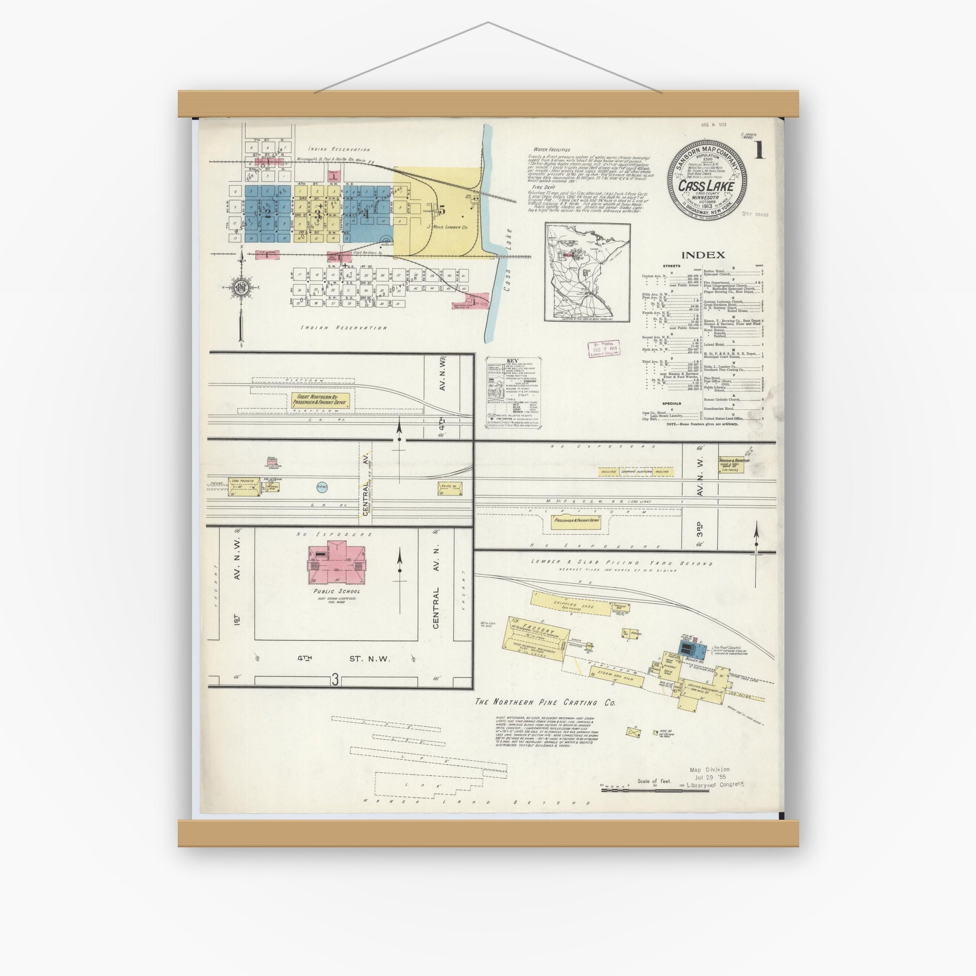 Old map wall art mockup — magnetic wood frame on white wall — Sanborn Fire Insurance Map from Cass Lake, Cass County, Minnesota (1913) - Complete Map Set