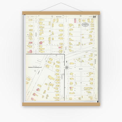 Old map wall art mockup — magnetic wood frame on white wall — Sanborn Fire Insurance Map from Adrian, Lenawee County, Michigan (1908), Sheet #0019
