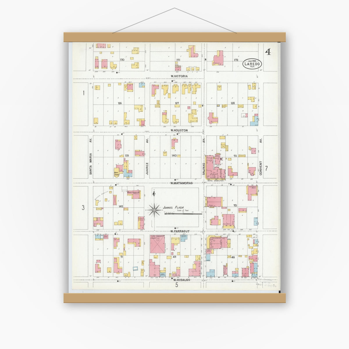 Old map wall art mockup — magnetic wood frame on white wall — Sanborn Fire Insurance Map from Laredo, Webb County, Texas (1900), Sheet #0004