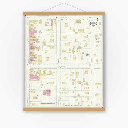 Old map wall art mockup — magnetic wood frame on white wall — Sanborn Fire Insurance Map from Shawano, Shawano County, Wisconsin (1913), Sheet #0005