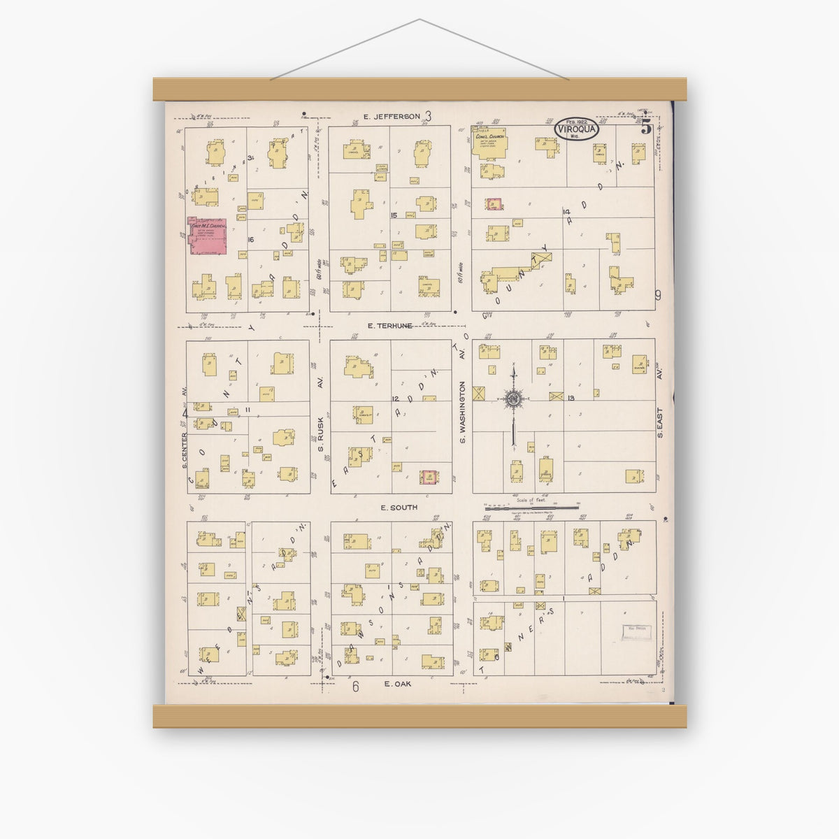 Old map wall art mockup — magnetic wood frame on white wall — Sanborn Fire Insurance Map from Viroqua, Vernon County, Wisconsin (1922), Sheet #0005
