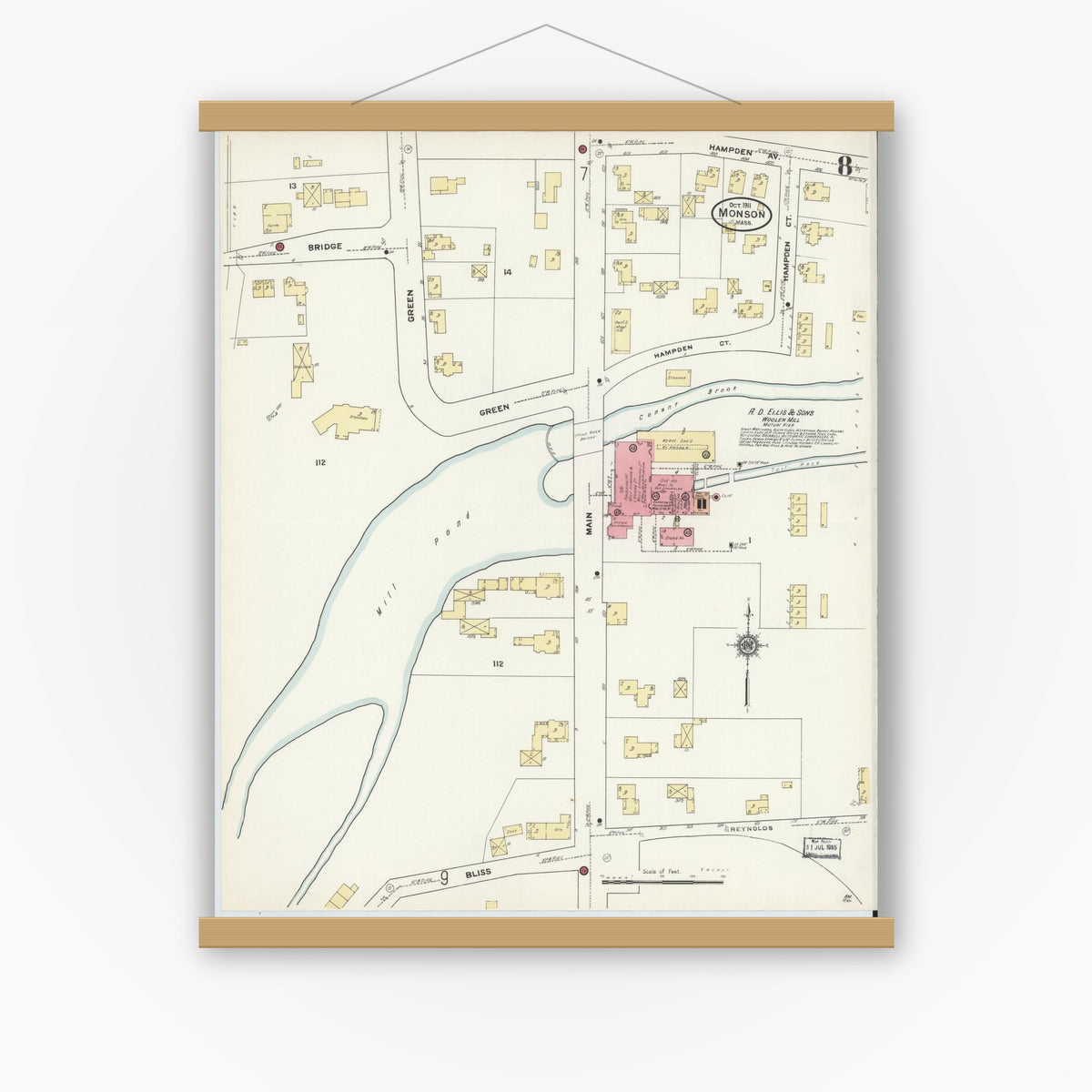 Old map wall art mockup — magnetic wood frame on white wall — Sanborn Fire Insurance Map from Monson, Hampden County, Massachusetts (1911), Sheet #0008