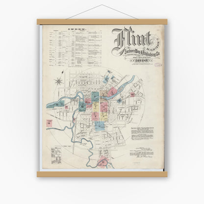 Old map wall art mockup — magnetic wood frame on white wall — Sanborn Fire Insurance Map from Flint, Genesee County, Michigan (1886), Sheet #0001