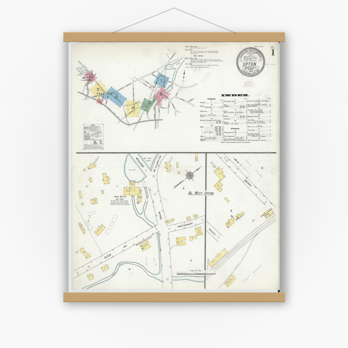 Old map wall art mockup — magnetic wood frame on white wall — Sanborn Fire Insurance Map from Upton, Worcester County, Massachusetts (1910) - Complete Map Set