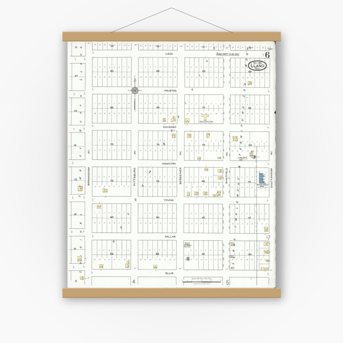 Old map wall art mockup — magnetic wood frame on white wall — Sanborn Fire Insurance Map from Llano, Llano County, Texas (1921), Sheet #0006