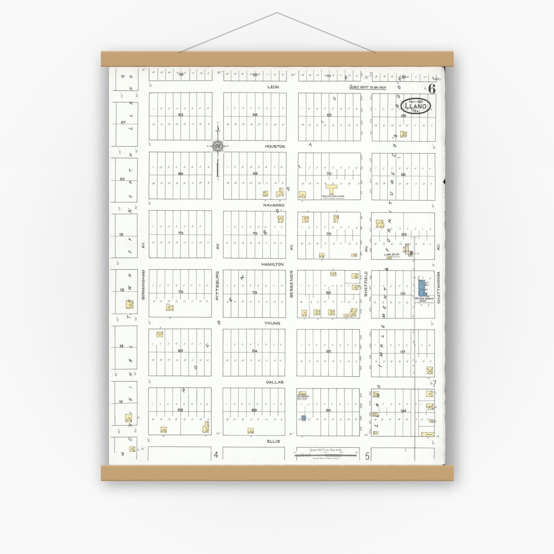 Old map wall art mockup — magnetic wood frame on white wall — Sanborn Fire Insurance Map from Llano, Llano County, Texas (1921), Sheet #0006