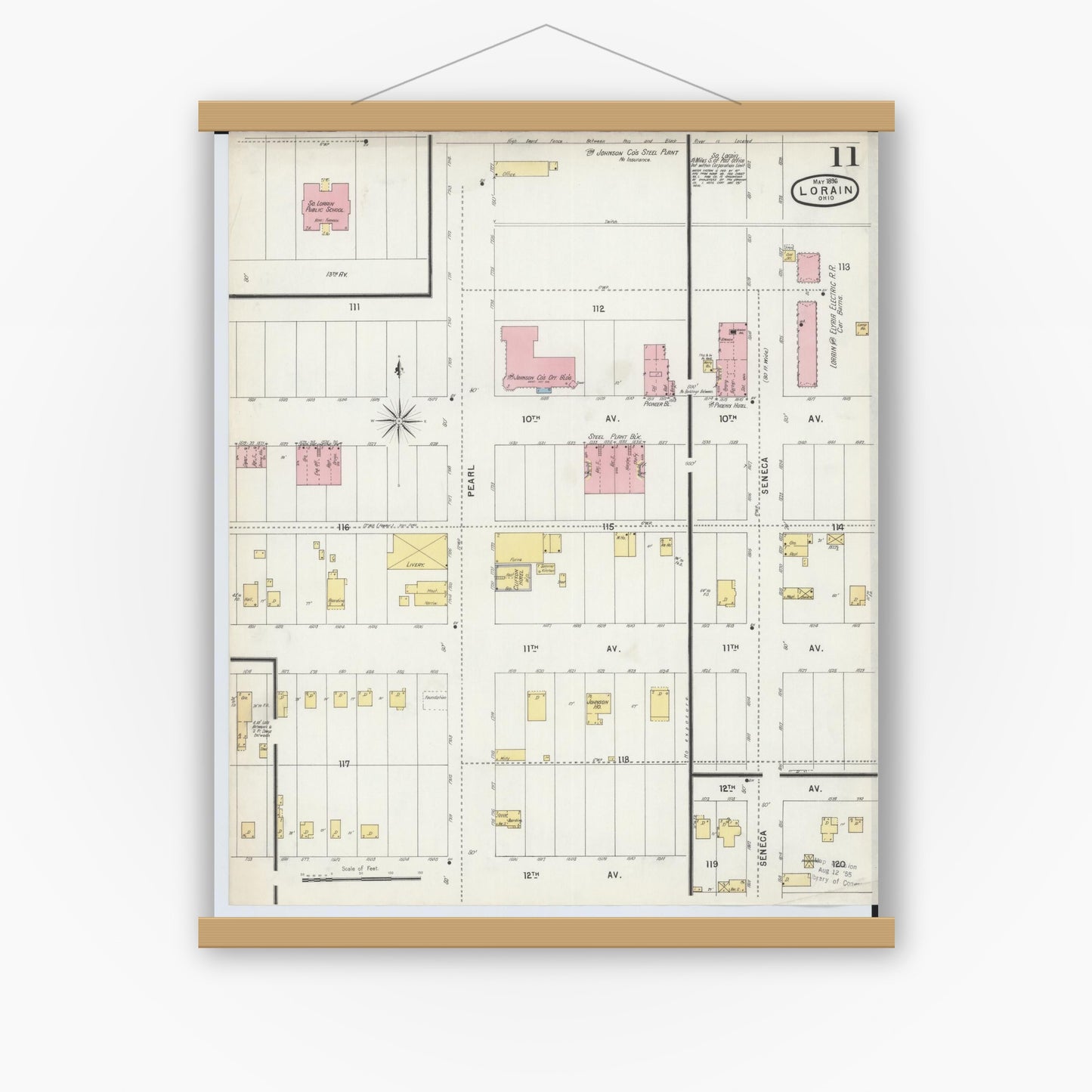 Old map wall art mockup — magnetic wood frame on white wall — Sanborn Fire Insurance Map from Lorain, Lorain County, Ohio (1896), Sheet #0011