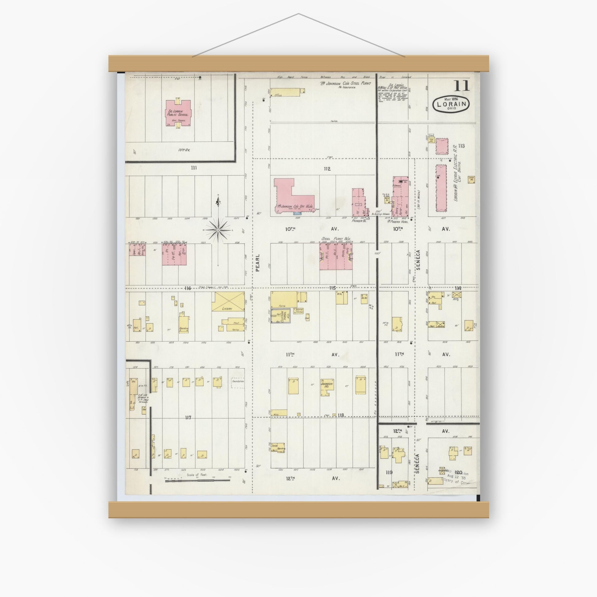Old map wall art mockup — magnetic wood frame on white wall — Sanborn Fire Insurance Map from Lorain, Lorain County, Ohio (1896), Sheet #0011
