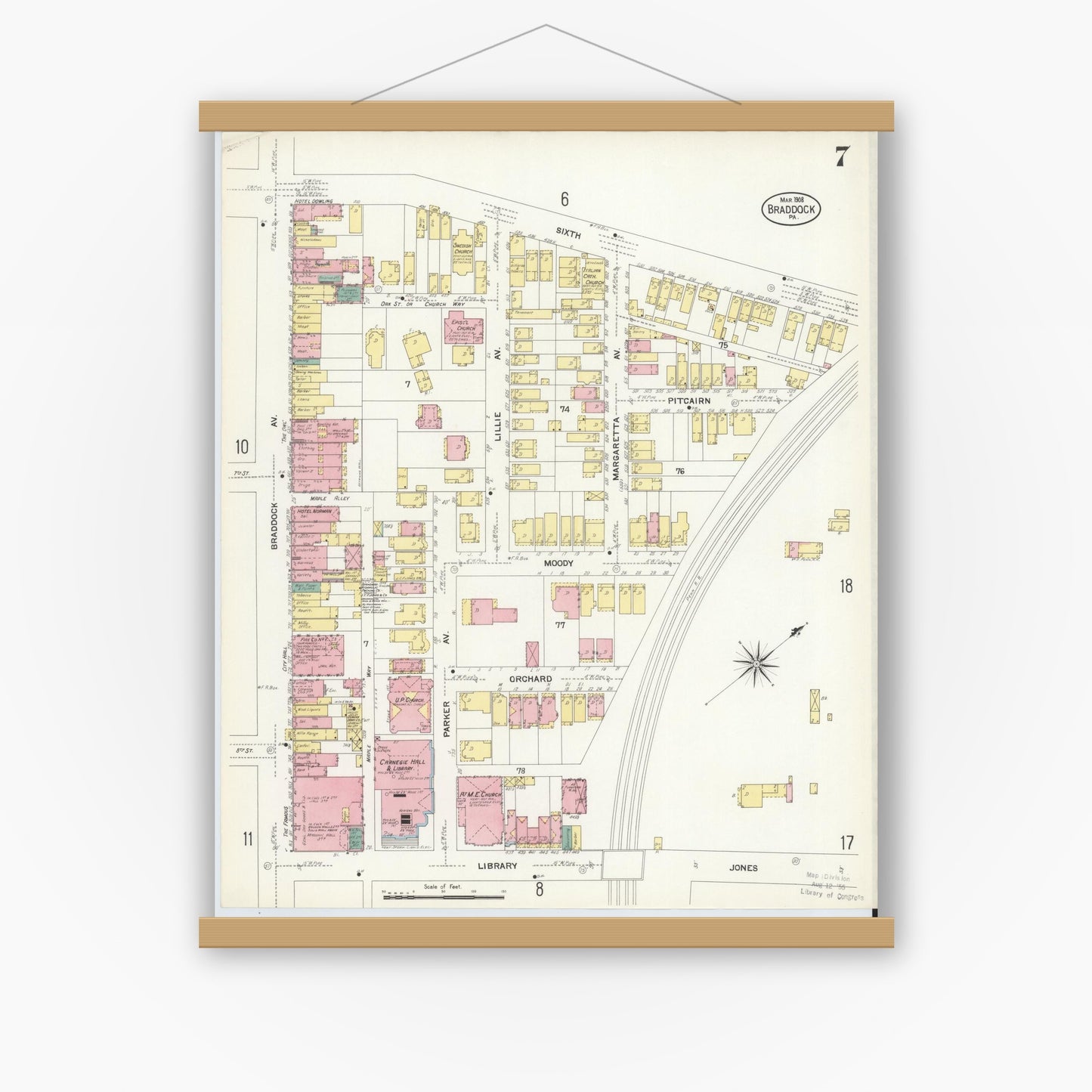 Old map wall art mockup — magnetic wood frame on white wall — Sanborn Fire Insurance Map from Braddock, Allegheny County, Pennsylvania (1908), Sheet #0007