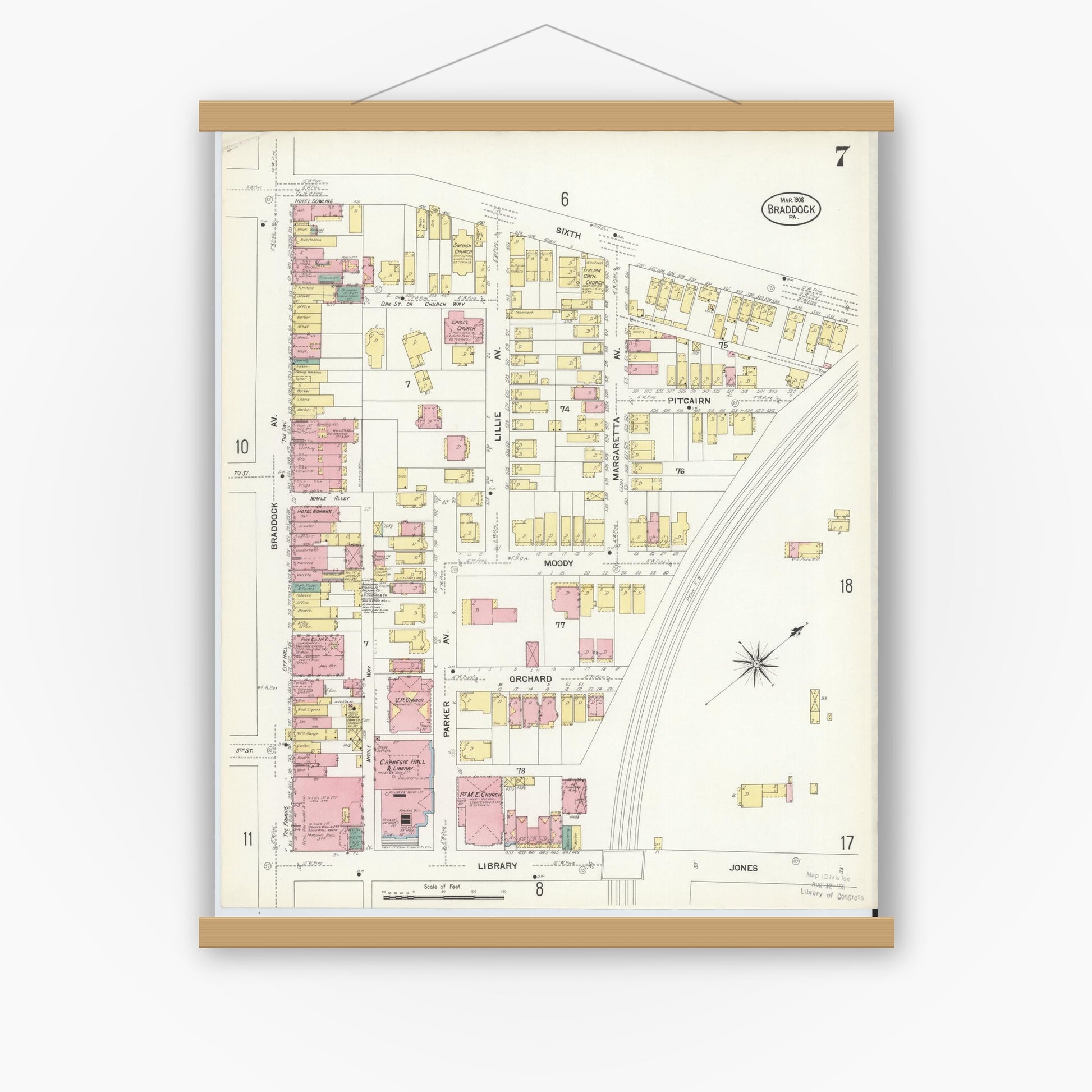 Old map wall art mockup — magnetic wood frame on white wall — Sanborn Fire Insurance Map from Braddock, Allegheny County, Pennsylvania (1908), Sheet #0007