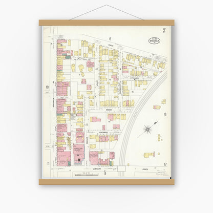 Old map wall art mockup — magnetic wood frame on white wall — Sanborn Fire Insurance Map from Braddock, Allegheny County, Pennsylvania (1908), Sheet #0007