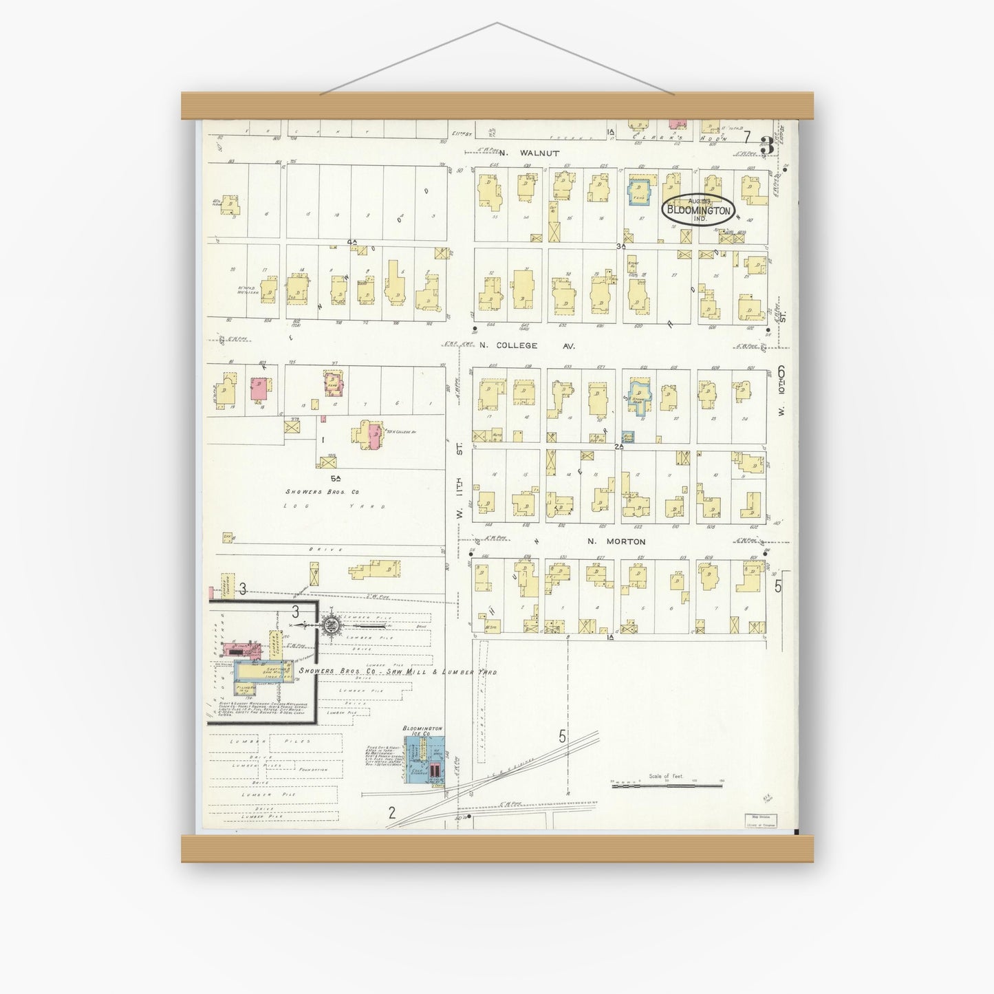 Old map wall art mockup — magnetic wood frame on white wall — Sanborn Fire Insurance Map from Bloomington, Monroe County, Indiana (1913), Sheet #0003