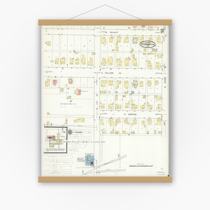 Old map wall art mockup — magnetic wood frame on white wall — Sanborn Fire Insurance Map from Bloomington, Monroe County, Indiana (1913), Sheet #0003