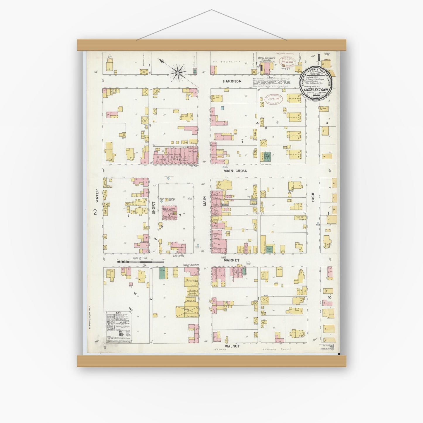 Old map wall art mockup — magnetic wood frame on white wall — Sanborn Fire Insurance Map from Charlestown, Clark County, Indiana (1899) - Complete Map Set