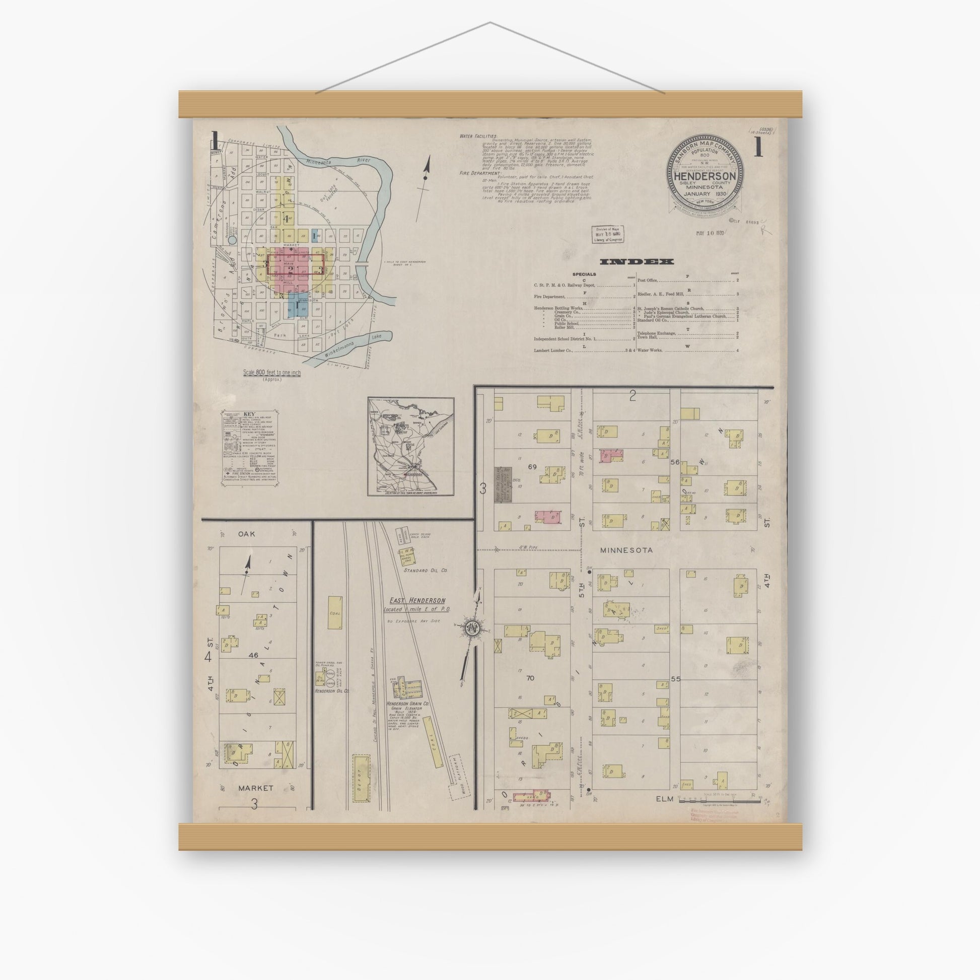Old map wall art mockup — magnetic wood frame on white wall — Sanborn Fire Insurance Map from Henderson, Sibley County, Minnesota (1930), Sheet #0001